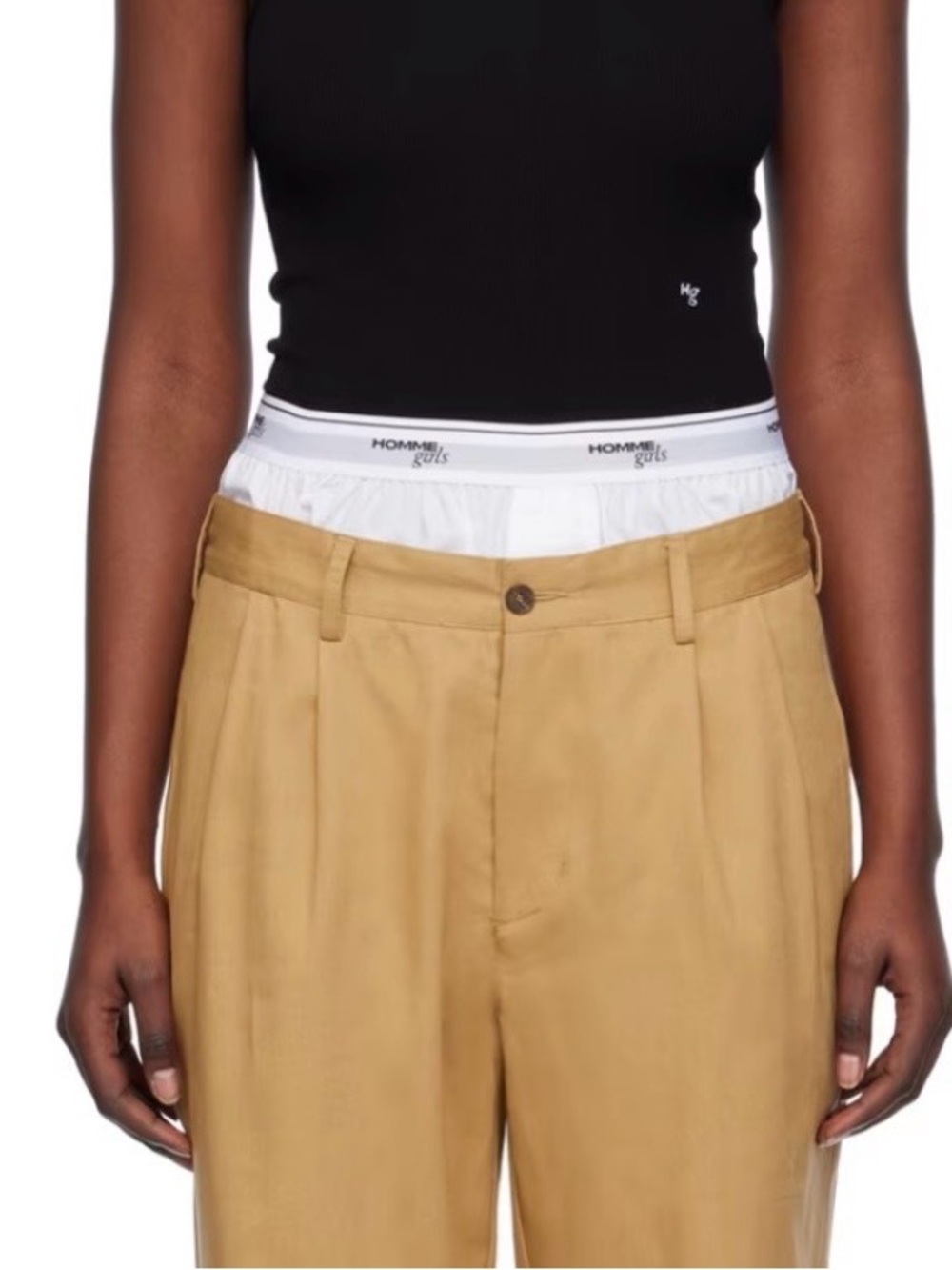 HOMMEGIRLS
Khaki Straight-Leg Pants with Attached Stripe Boxer Shorts